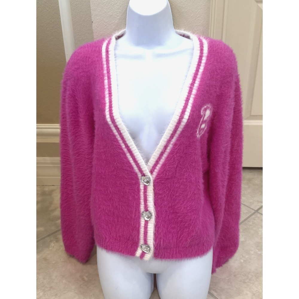 NWOT Barbie Movie Pink Sweater Crop Top Cardigan Bright Pastel Logo Sz L